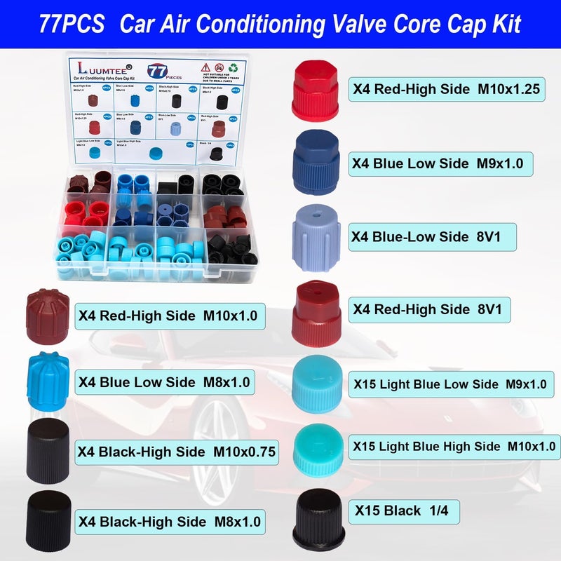 Luumtee 4 Set Car A/C Repair Kits,270pcs O-Ring Seals Kit+102PCS A/C Valve Core Kit+77pcs Charging Port Dust Caps+45pcs Compressor Gasket Seals(494PCS) - Image 3